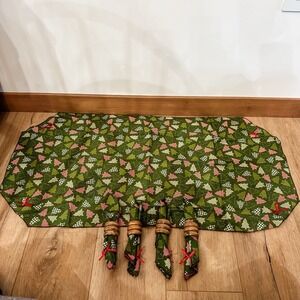 VTG Christmas Tree Table Runner & 4 Napkins & Rings 35x17 Green Red Bows Cotton